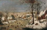 Pieter Brueghel the Younger Winter landscape with ice skaters and a bird trap. oil on canvas
